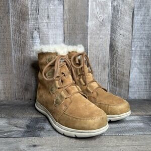 Womens Sorel Explorer Joan Tan Suede Faux Fur Lace Up Mid Winter Boots‎ Size 7 M
